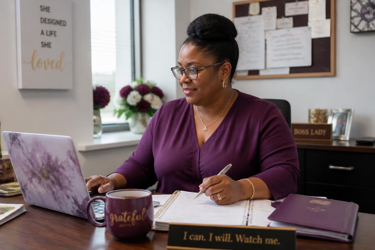An administrative professional working at a tidy desk, managing a calendar