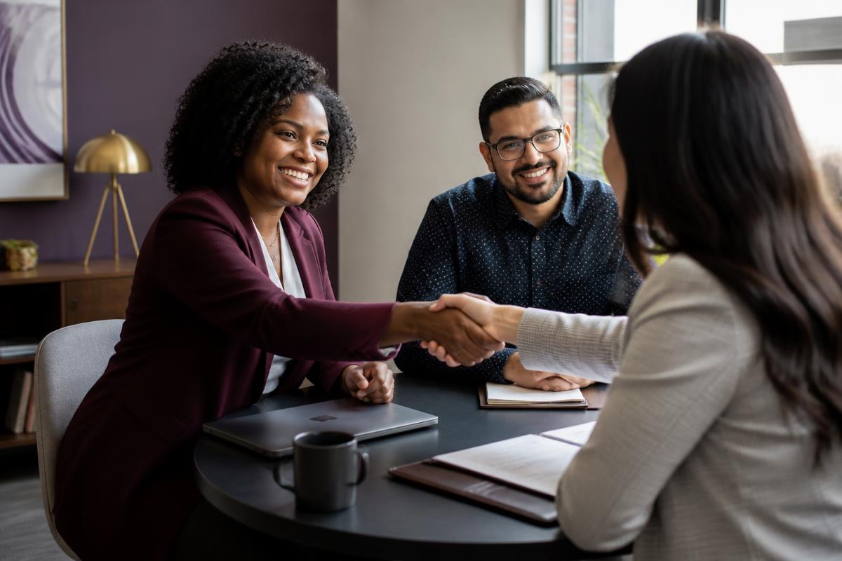 A hiring manager shaking hands with a shortlisted administrative candidate