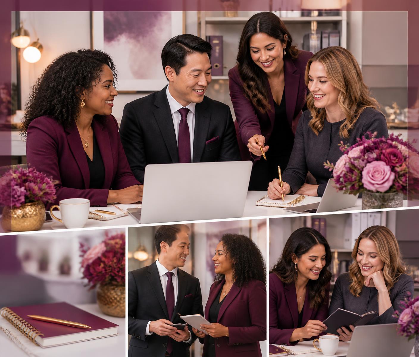 A diverse team of administrative professionals collaborating in a modern office