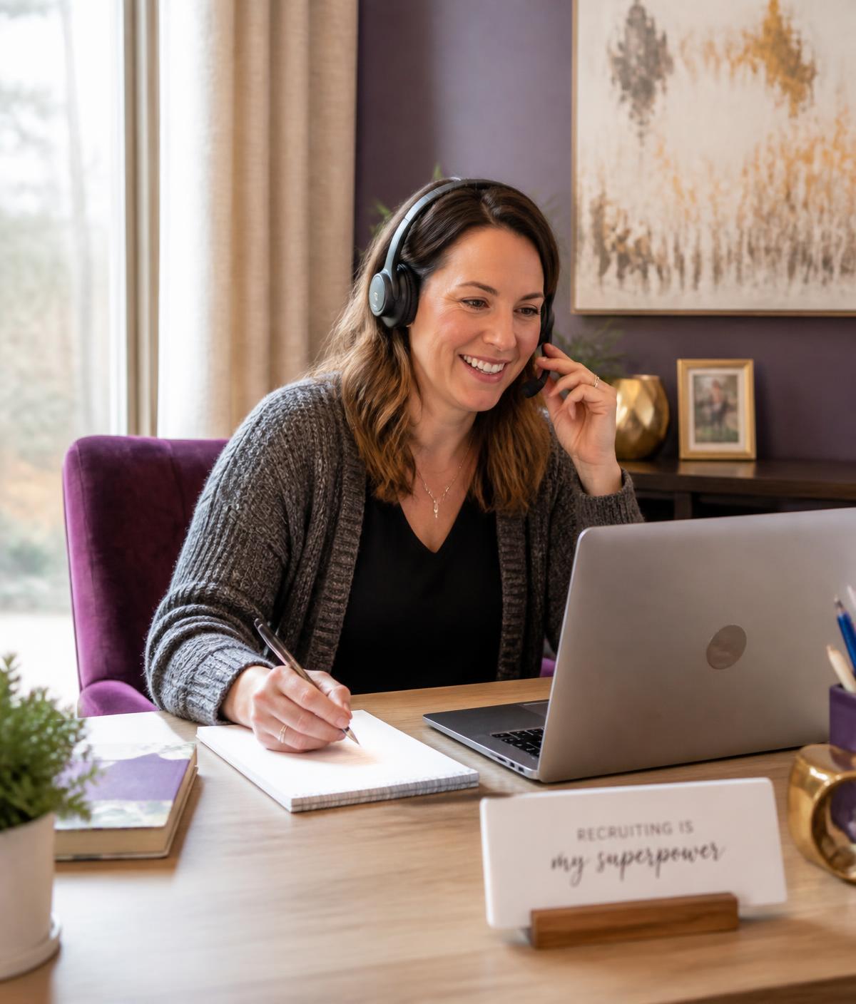 An Adminicorn recruiter on a call, taking notes while scoping an administrative role